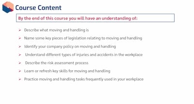 Moving and Handling of People Awareness Learning Objectives Course Screenshot